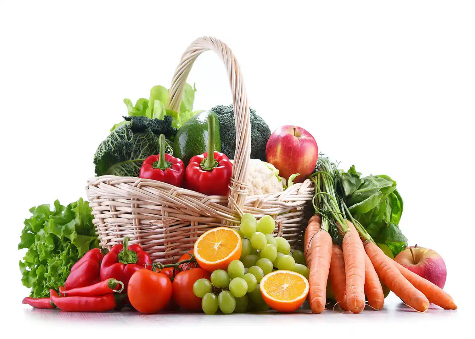 Basket overflowing with fresh produce.