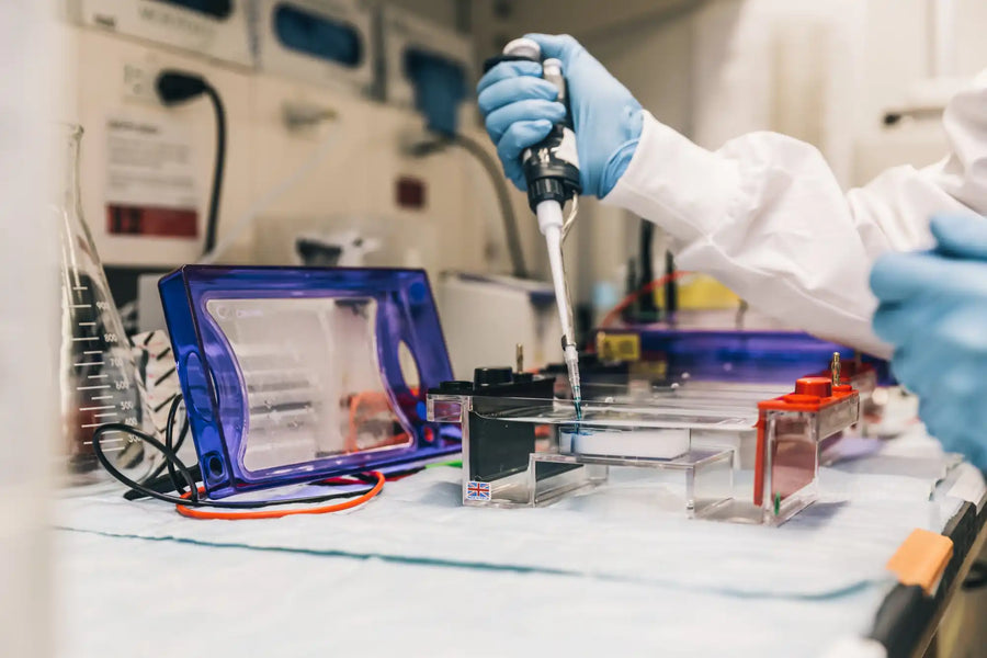 Scientist using a pipette on a gel electrophoresis apparatus.